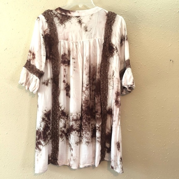 VIzio USA Brown & Tan Tie Die Bell Sleeves Tunic S - Picture 3 of 9